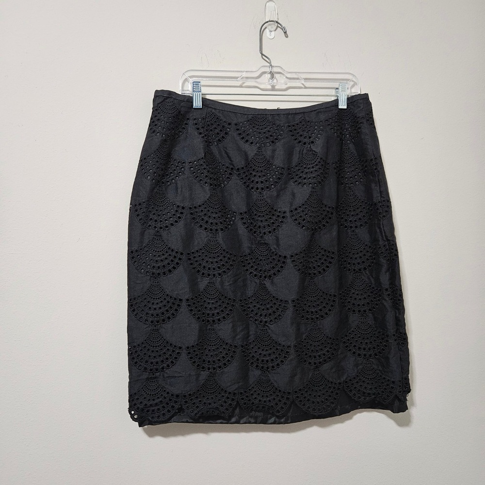 Sharagano Suits Black‎ Silk Cotton Eyelet Scalloped Fan Pencil Skirt Size 14